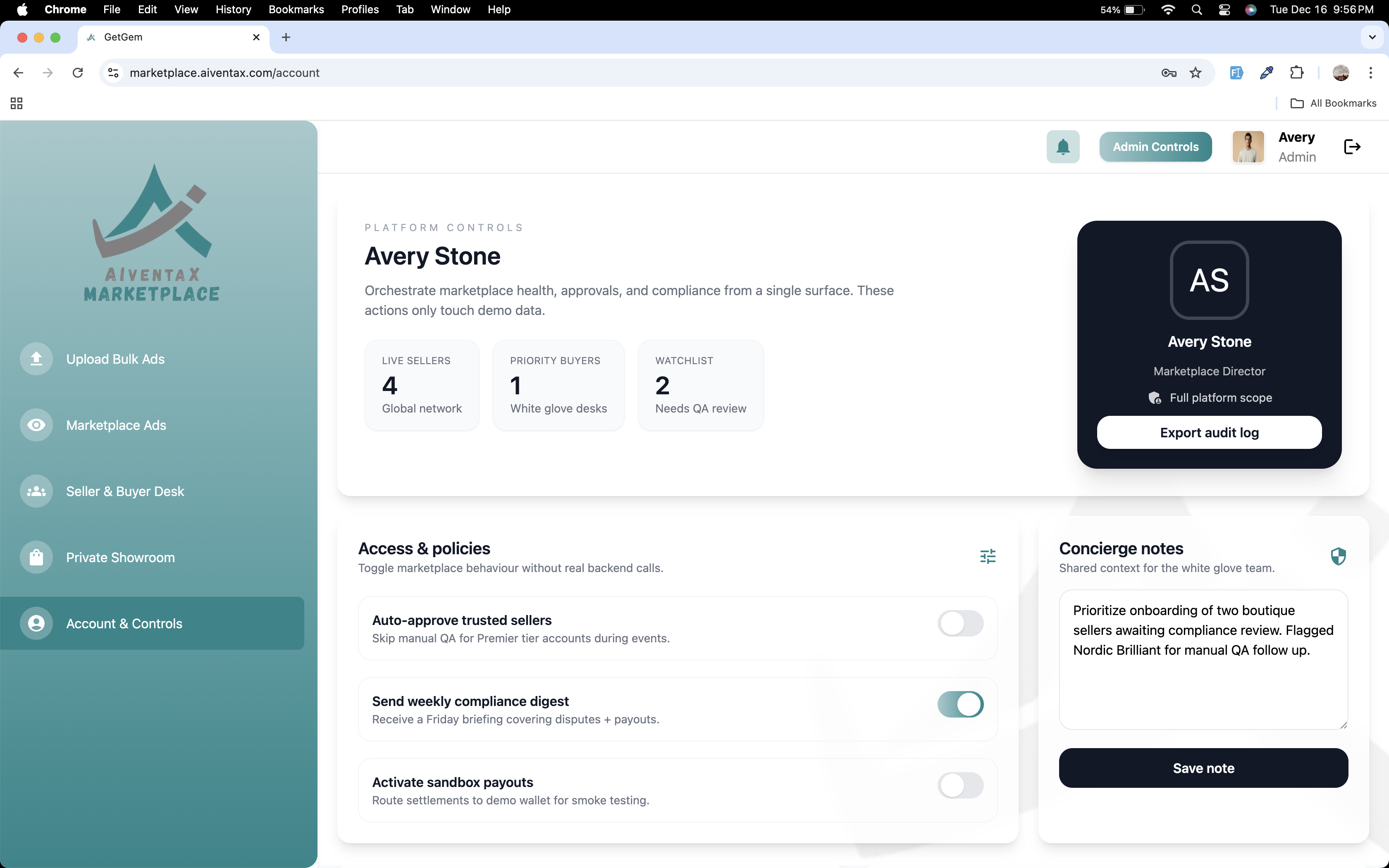 Admin & Compliance Suite screen