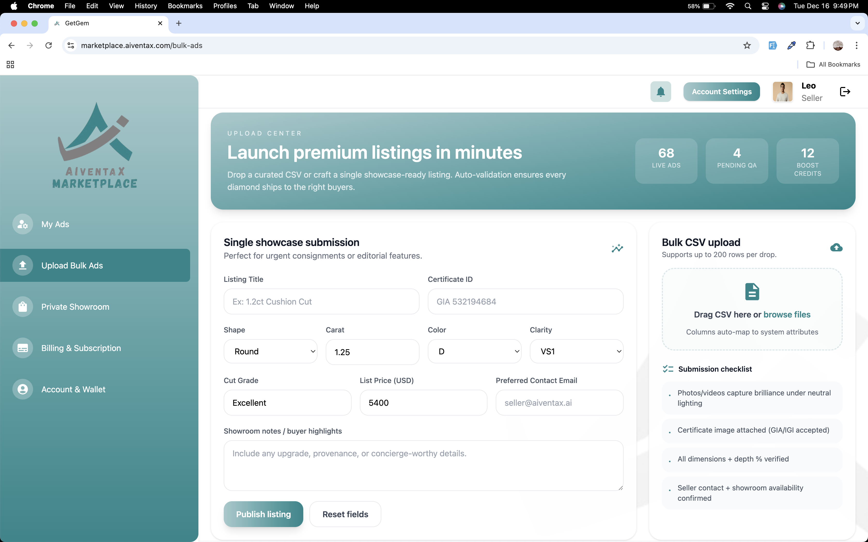 Seller Control Room screen