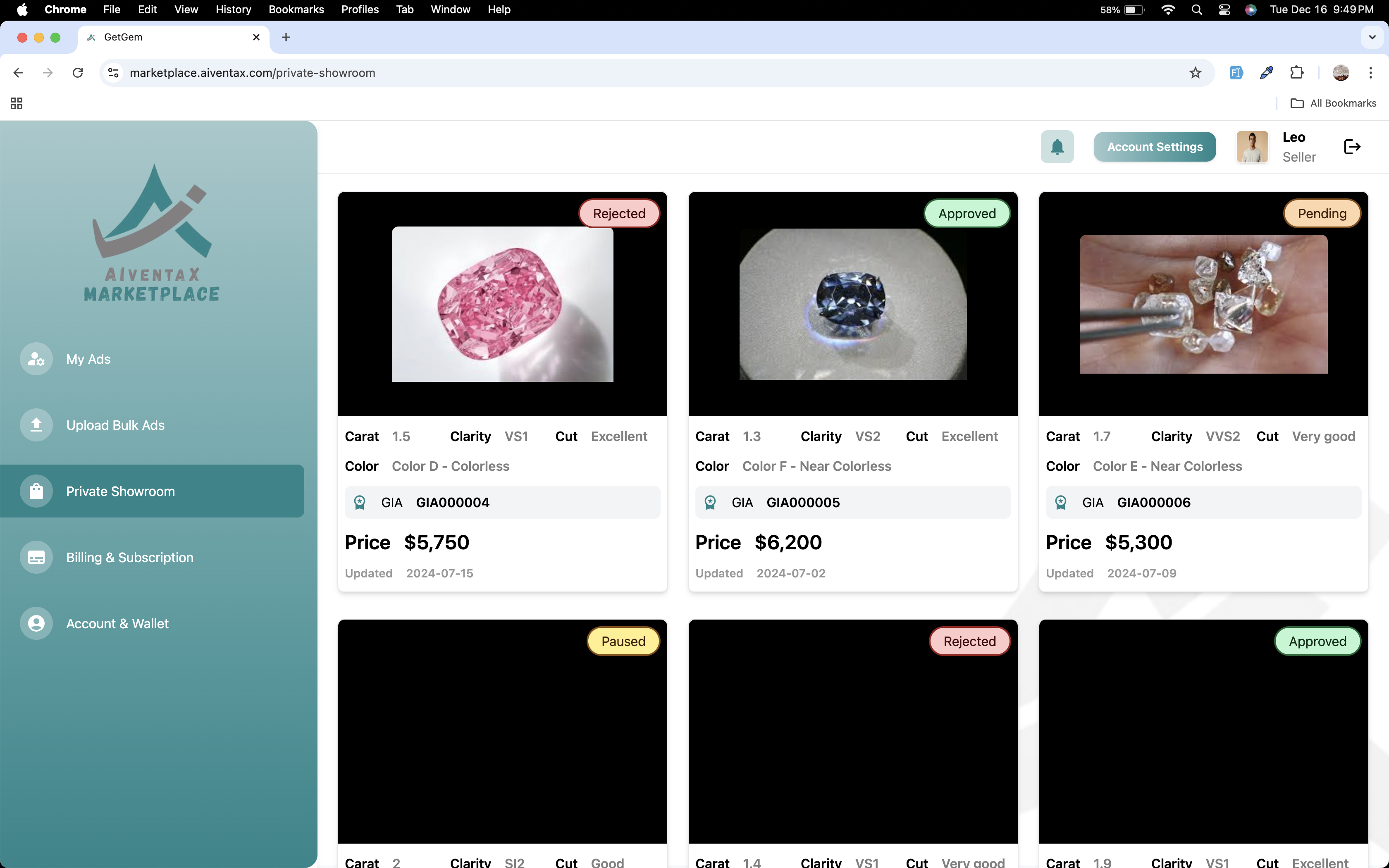 Seller Control Room screen
