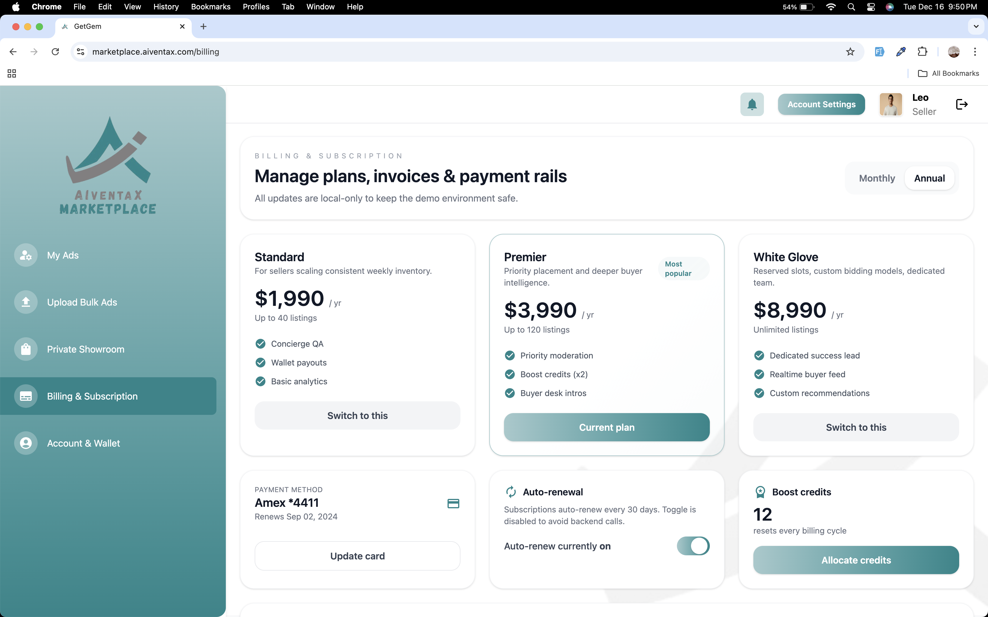 Seller Control Room screen