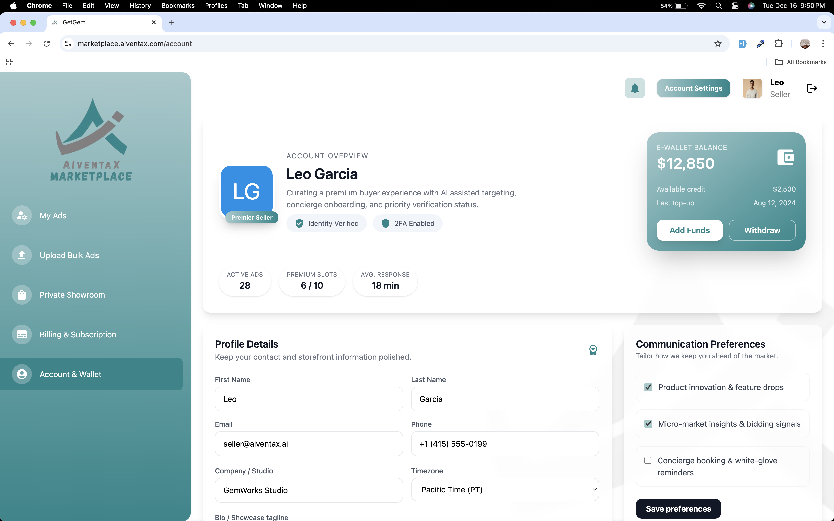 Seller Control Room screen