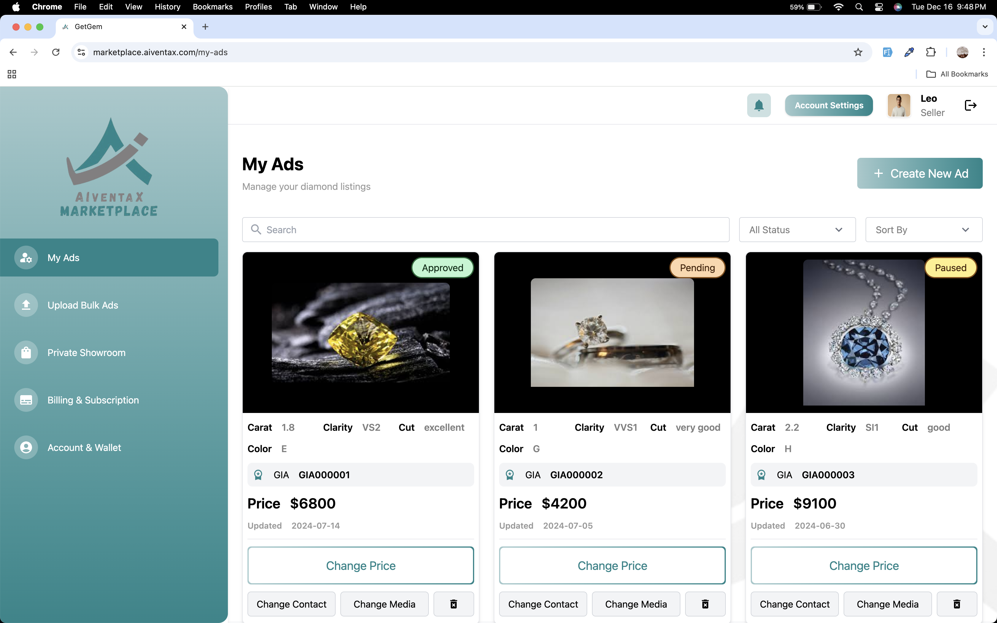 Seller Control Room screen